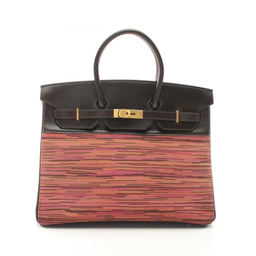 棕色/粉色 Vibrato皮革 Box牛皮 Birkin 35 柏金包 手提包 □G刻 金扣