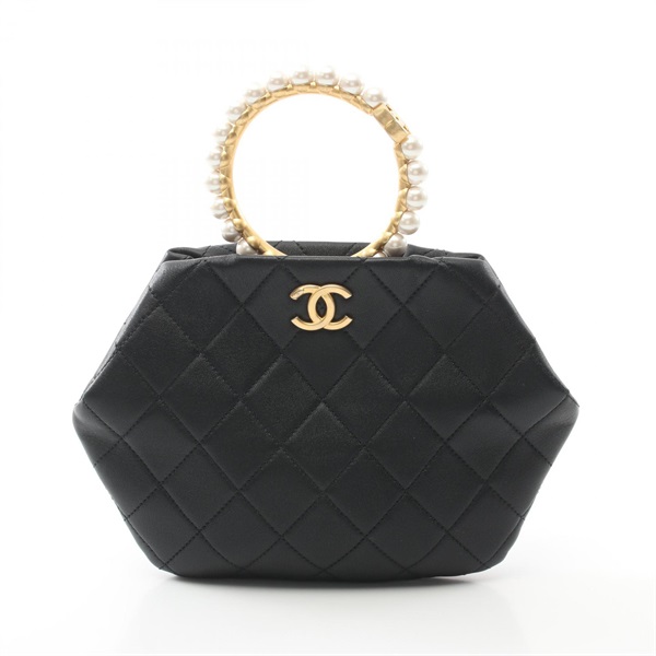 【再降價】黑色 皮革 菱格紋 人造珍珠 手提包【CHANEL 香奈兒】 AS2609