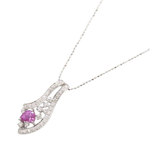 18白K金 粉紅藍寶石 鑽石 項鍊 有裂痕【JEWELRY 無品牌珠寶】 Pink Sapphire 4.6g