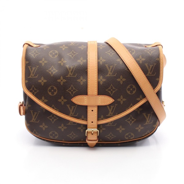 棕色 原花帆布 Saumur 30 肩背包【LOUIS VUITTON LV 路易威登】 M42256