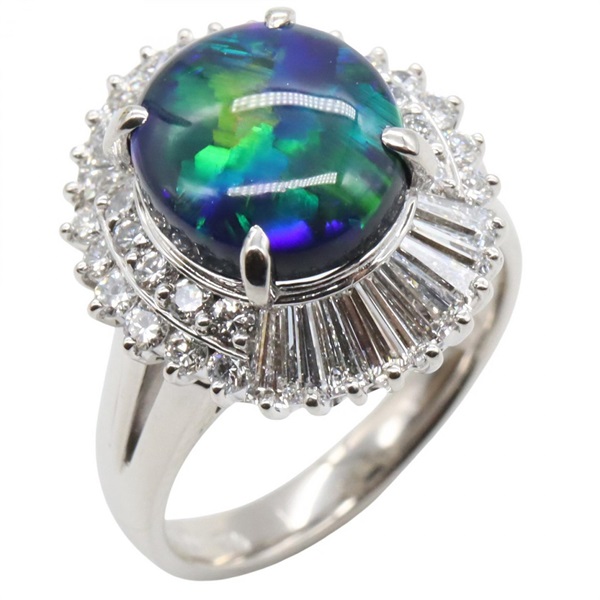 PT900鉑金 黑蛋白石 鑽石 戒指 11【JEWELRY 無品牌珠寶】 Black Opal 9.4g