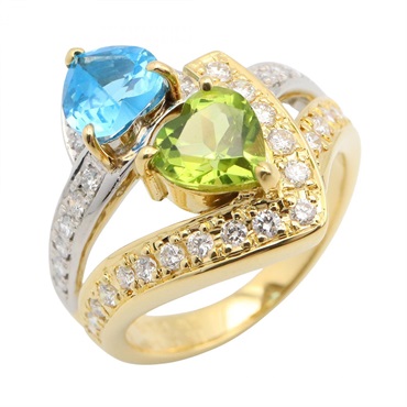 18K黃金 PT900鉑金 藍色托帕石 橄欖石 鑽石 戒指 11.5【JEWELRY 無品牌珠寶】