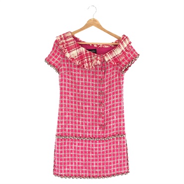 粉紅色 粗花呢 格紋 一件式 短袖 排扣 洋裝  P49180W05499