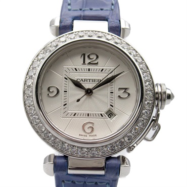 白色 藍色鱷魚皮 18白K金 鑲邊鑽石 自動上鍊 腕錶 WJ111651