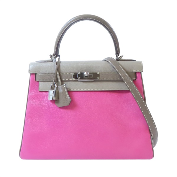 【激安價】粉紅色 灰色 Chevre皮革 Kelly 28 凱莉包 兩用包 (變色) □N Etoupe