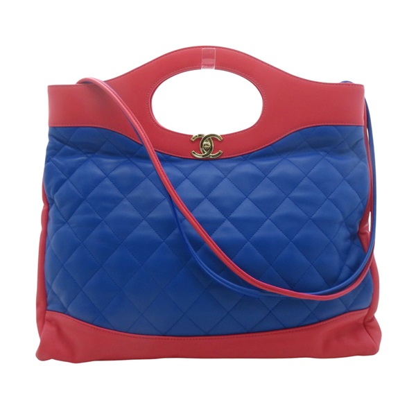 【再降價】粉紅色 藍色 羊皮 菱格紋 CHANEL 31 兩用包 金扣 RED/BLUE