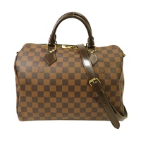 棕色 棋盤格 帆布 Speedy Bandouliere 30 手提包 金扣 N41183