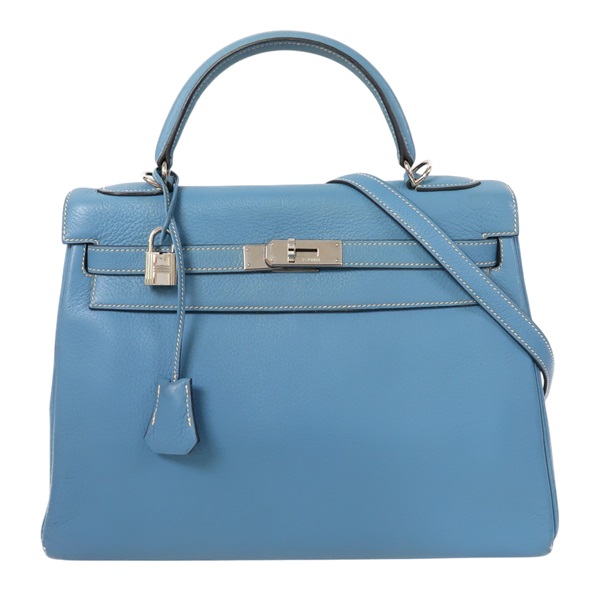 【激安價】牛仔藍 Clemence皮革Kelly 32 凱莉包 兩用包 銀扣 □F BlueJean