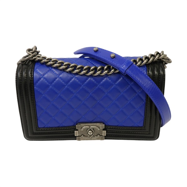 【激安價】藍色 黑色 羊皮 菱格紋 Boy Chanel 肩背包 鍊帶 銀扣 A67086