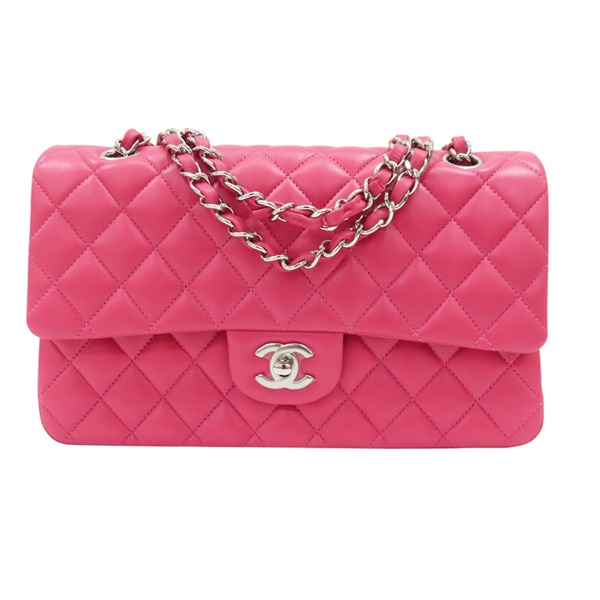 【再降價】粉色 羊皮 Classic Double Flap 25 鍊帶 肩背包 銀扣 (無卡) A01112/Pink