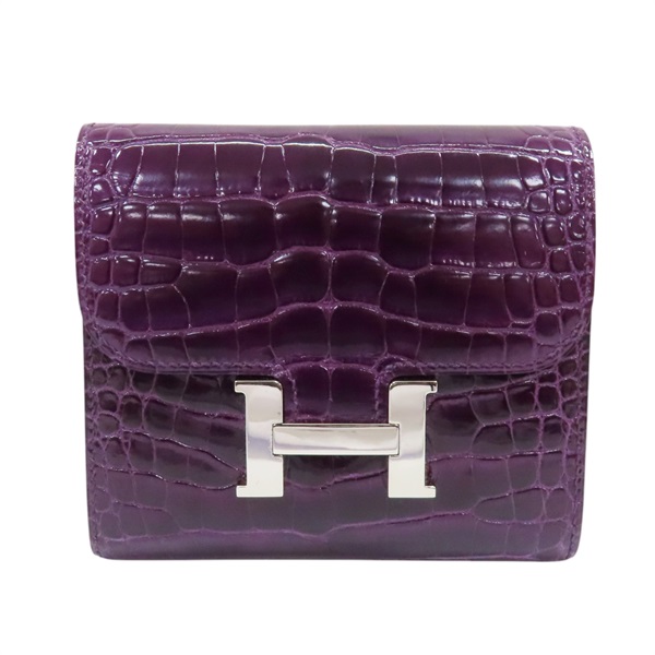 紫色 鱷魚皮 Constance Compact 扣式中夾 □O刻 銀扣 □O Purple