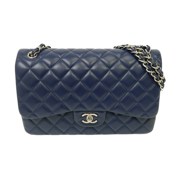 【再降價】藍色 牛皮 菱格紋 荔枝紋 Classic Flap Jumbo 肩背包 鍊帶 銀扣【CHANEL 香奈兒】 A58600/Blue