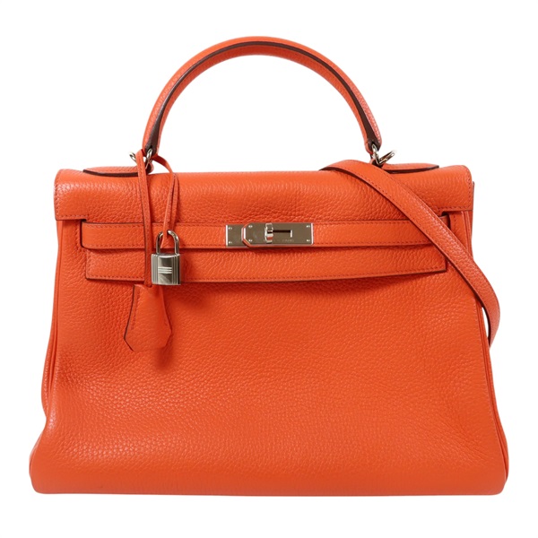 【激安價】橘色 TC皮革 Kelly 32 凱莉包 兩用包 銀扣 T刻印 Orange