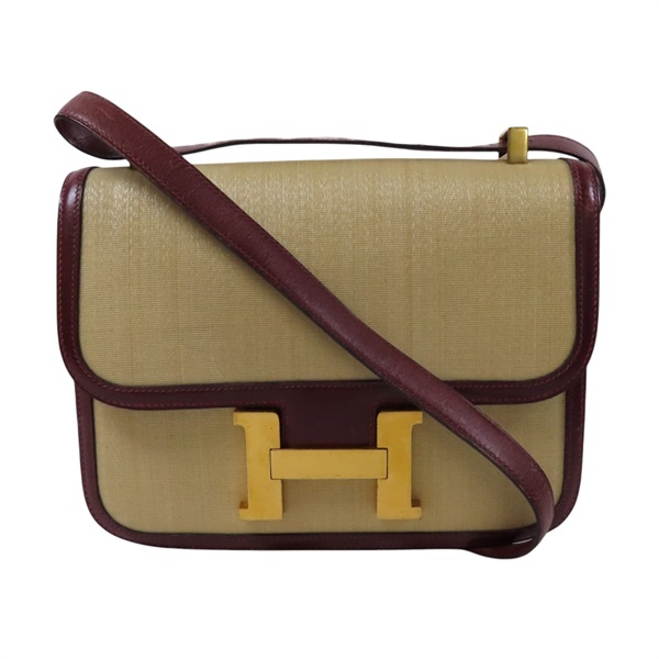 HERMES 米色 酒紅色 帆布 Box 牛皮 Constance 24 肩背包 金扣