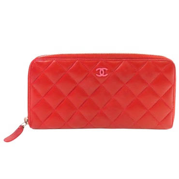 紅色 羊皮 菱格紋 拉鍊長夾  Red