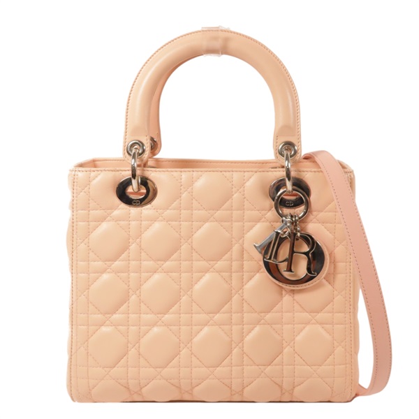 粉色 羊皮 籐格紋 Lady Dior 兩用包 銀扣 CAL44551