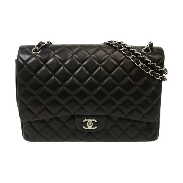 【再降價】黒色 羊皮 菱格紋 Classin Flap Maxi 肩背包 鍊帶 銀扣 BK