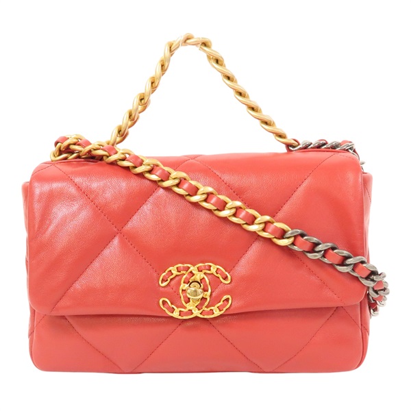 【再降價】紅色 羊皮 菱格紋 CHANEL 19 兩用包 鍊帶