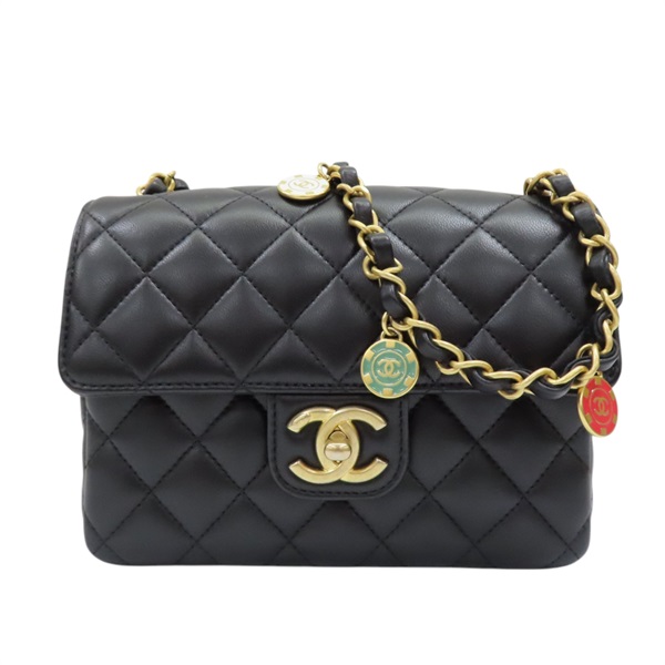 【再降價】黑色 菱格紋羊皮 錢幣鍊帶 肩背包 AS3737