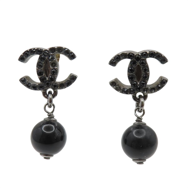 黑色雙C水鑽 黑珠墜飾 耳環【CHANEL 香奈兒】