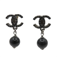 黑色雙C水鑽 黑珠墜飾 耳環【CHANEL 香奈兒】