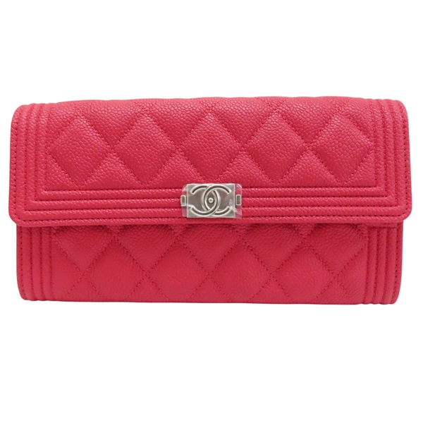 紅色 牛皮 菱格紋 荔枝紋 BOY 扣式長夾 銀扣  A80286