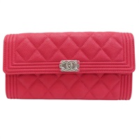 紅色 牛皮 菱格紋 荔枝紋 BOY 扣式長夾 銀扣  A80286