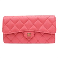 橘紅色 牛皮 菱格紋 荔枝紋 釦式長夾 金扣【CHANEL 香奈兒】 A80758