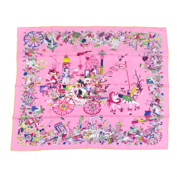粉色 La Folle Parade Zoom 絲綢 方巾 90X90【HERMES 愛馬仕】