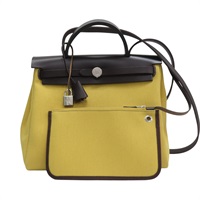 咖哩黃 帆布 棕色牛皮 Herbag Zip 31 兩用包 B刻 銀扣【HERMES 愛馬仕】 B刻印