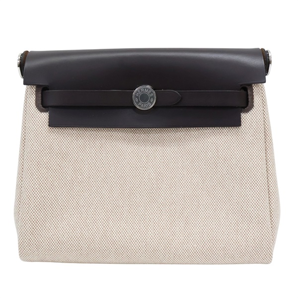 米色帆布 棕色牛皮 Herbag Zip 20 Mini 肩背包 W刻 銀扣【HERMES 愛馬仕】