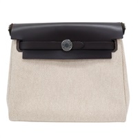 米色帆布 棕色牛皮 Herbag Zip 20 Mini 肩背包 W刻 銀扣【HERMES 愛馬仕】