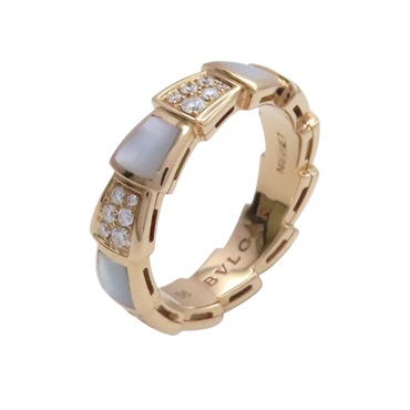 18K玫瑰金 珍珠母貝 鑽石 Serpenti Viper 戒指 56【BVLGARI 寶格麗】 353243