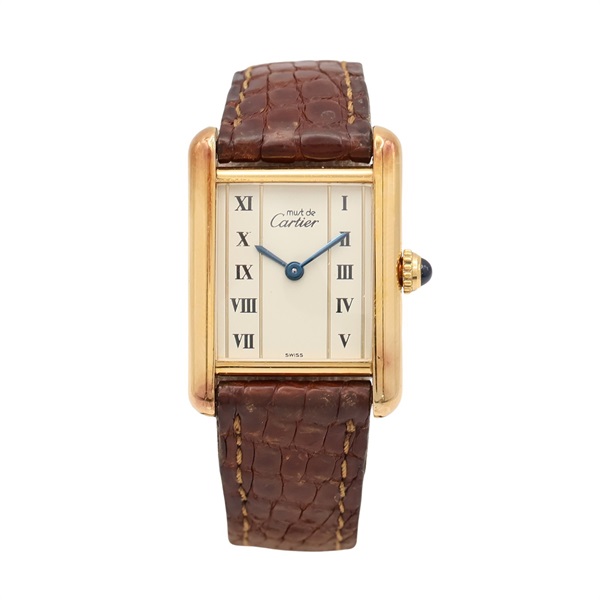 淺褐色錶盤 925純銀鍍金 棕色皮革錶帶 MUST TANK SM 腕錶【Cartier 卡地亞】 W1003053