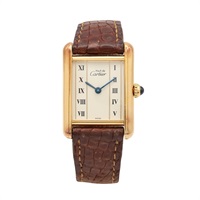 淺褐色錶盤 925純銀鍍金 棕色皮革錶帶 MUST TANK SM 腕錶【Cartier 卡地亞】 W1003053