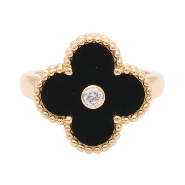 Vintage Alhambra 戒指 18K黃金 黑色 縞瑪瑙 鑽石 48【Van Cleef & Arpels 梵克雅寶】 VCARA41000