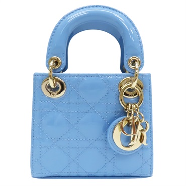 【再降價】矢車菊藍 漆亮皮 騰格紋 微型 Lady Dior 兩用包 金扣