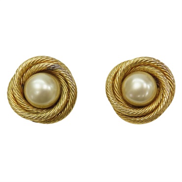 金色 圓形 珍珠 金屬 夾式耳環