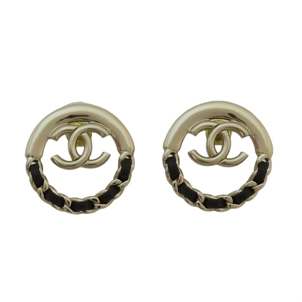 黑色 金色 皮革 圓形 COCO Logo 針式耳環