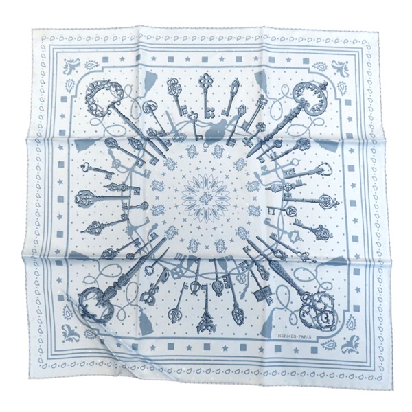 藍色 絲綢 Les Cles 鑰匙 圍巾 方巾 絲巾