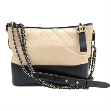 【再降價】米色 黑色 菱格紋皮革 Gabrielle 28 肩背包 流浪包【CHANEL 香奈兒】