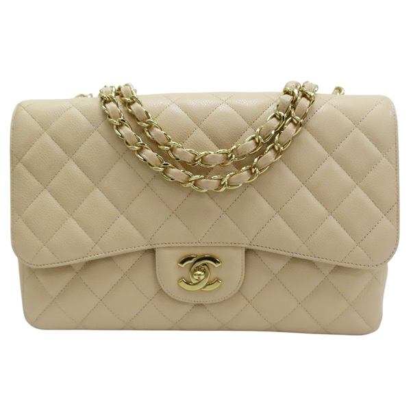 【再降價】米色 菱格紋 荔枝紋 牛皮 Jumbo 鍊帶 肩背包 金扣【CHANEL 香奈兒】