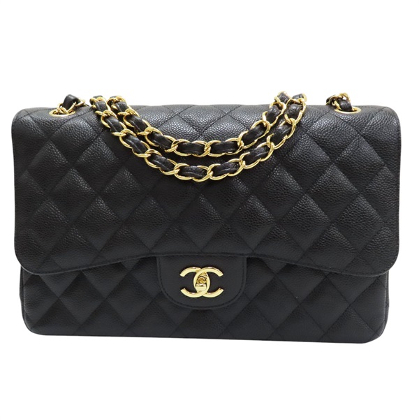 黑色 菱格紋 荔枝紋 牛皮 Jumbo 鍊帶 肩背包 金扣 A58600