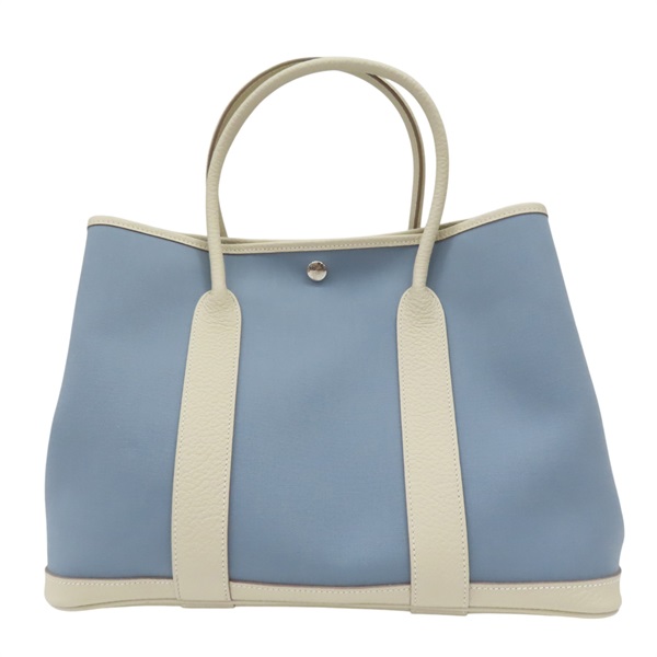 【再降價】藍色帆布 白色牛皮飾邊 Garden party 36 手提包 T刻【HERMES 愛馬仕】