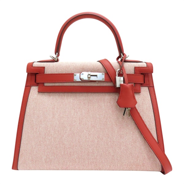 紅色 swift 牛皮 米色 Toile 帆布 KELLY 28 兩用包 Z刻/HT/502/BA