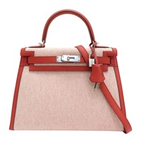 紅色 swift 牛皮 米色 Toile 帆布 KELLY 28 兩用包 Z刻/HT/502/BA