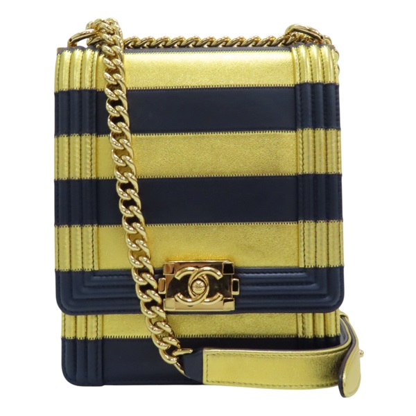 【再降價】藍色 金色 皮革 鍊帶 North South Boy Flap 肩背包 無卡【CHANEL 香奈兒】
