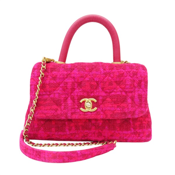 粉色 斜紋軟呢 菱格紋 荔枝紋 Coco Handle 肩背包【CHANEL 香奈兒】 A92990