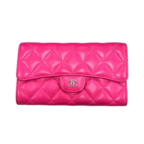 桃紅色 羊皮 菱格紋 Coco 三折 長夾 A31506