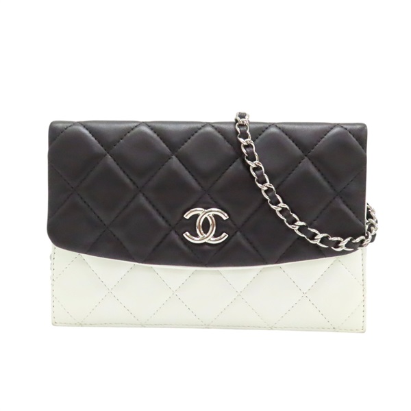 黑/白色 菱格紋羊皮 鍊帶肩背包 無卡